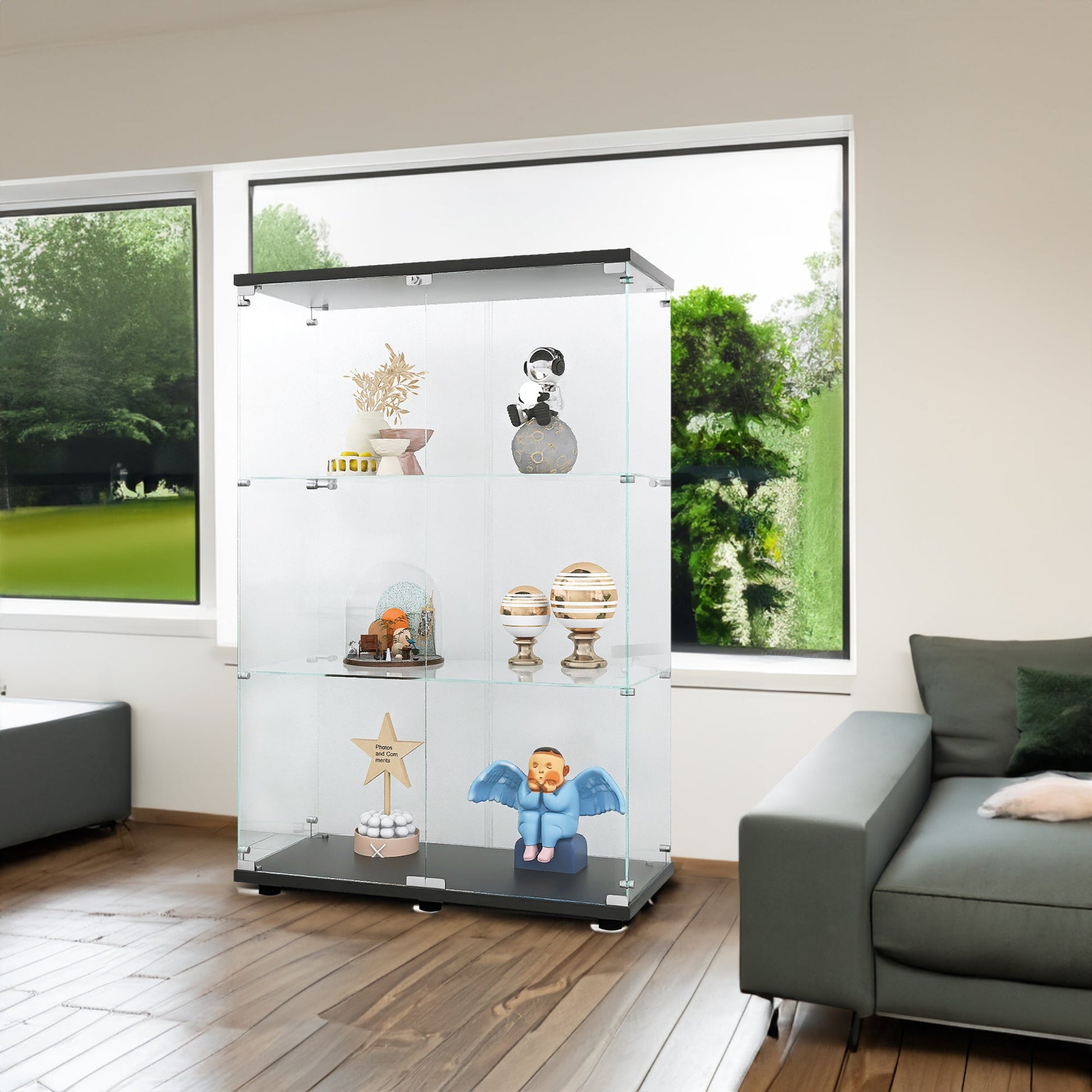 Three double door glass display cabinets with door frames, 49.3 inches * 31.7 inches * 14.3 inches, black - Korvel