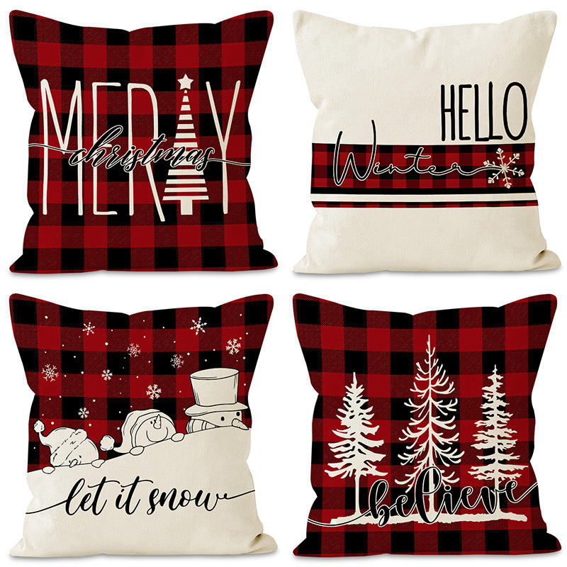 Christmas Pillowcase Linen Red Black Checkered Letter Printed Pillow Cover Holiday Living Room Decoration - Korvel