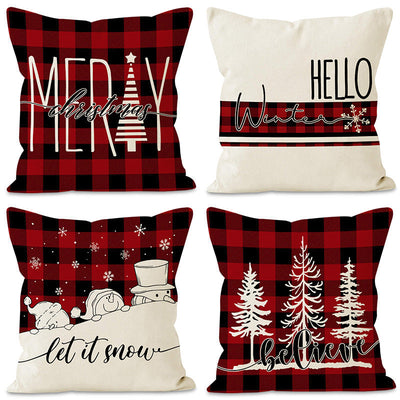Christmas Pillowcase Linen Red Black Checkered Letter Printed Pillow Cover Holiday Living Room Decoration - Korvel