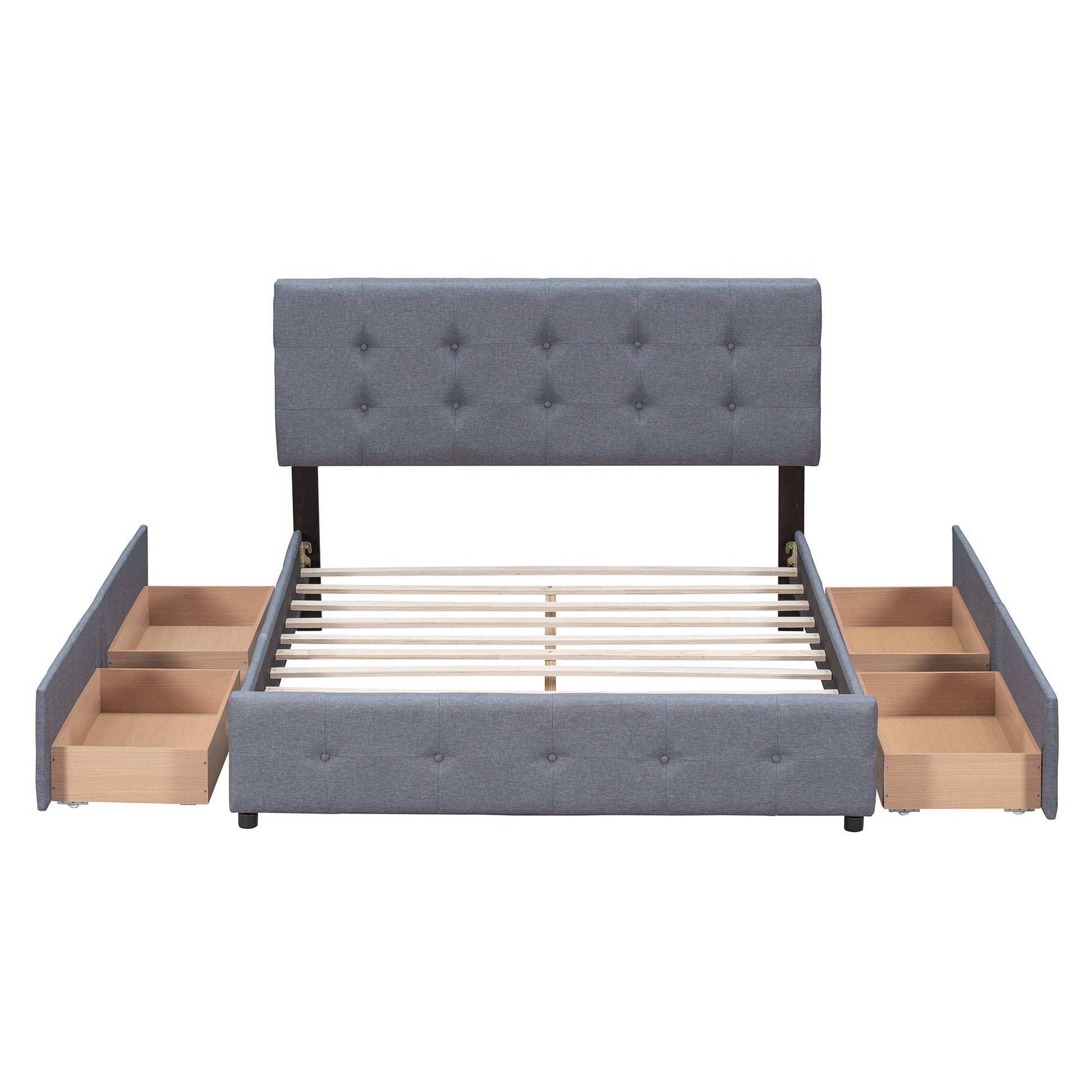 Upholstered Platform Bed with Classic Headboard and 4 Drawers No Box Spring Needed Linen Fabric Queen Size Dark gray - Korvel
