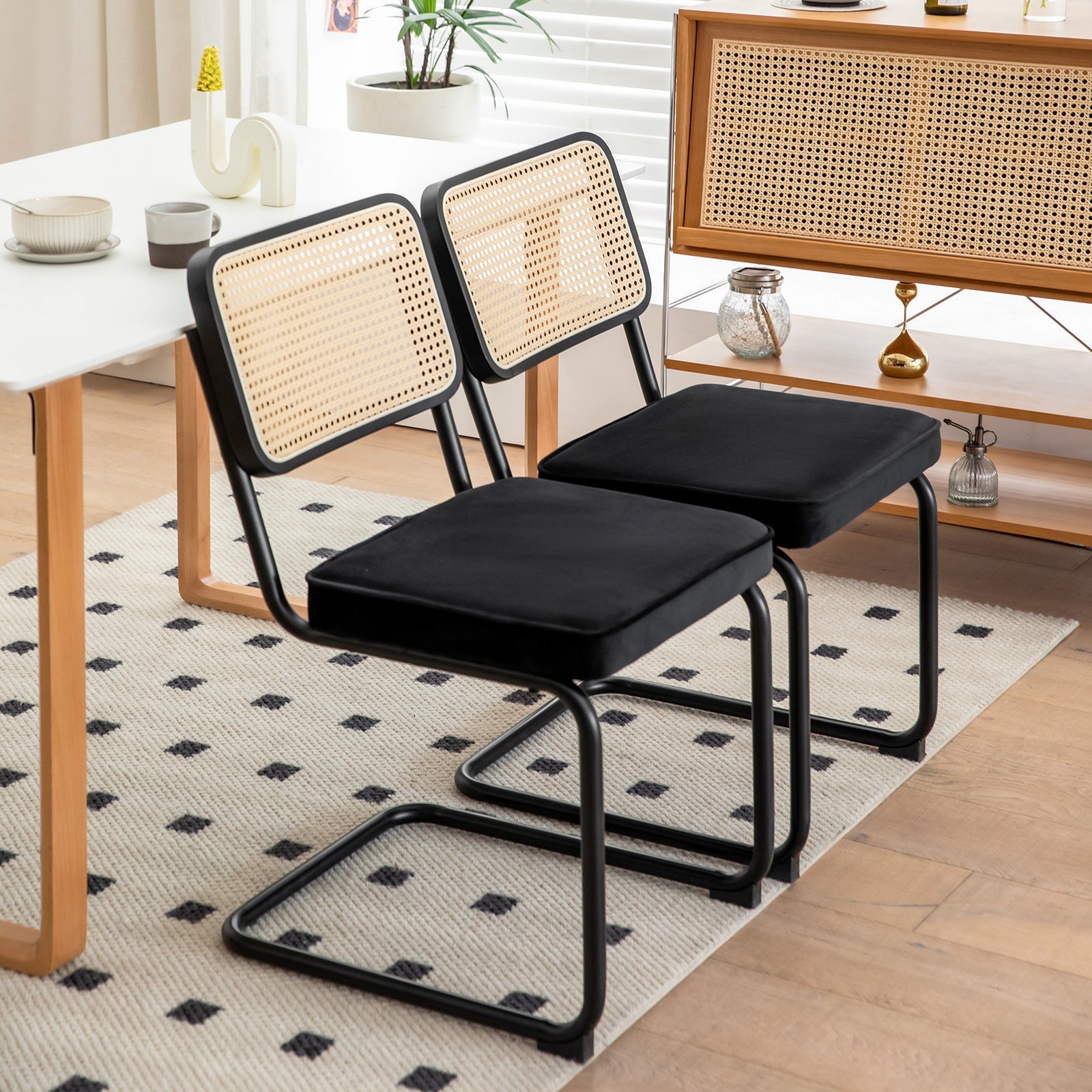 Dining Chairs Set of 2 velvet wicker side decorative chairs, black painted legs, modern medieval Bruell designed chairs, - Korvel