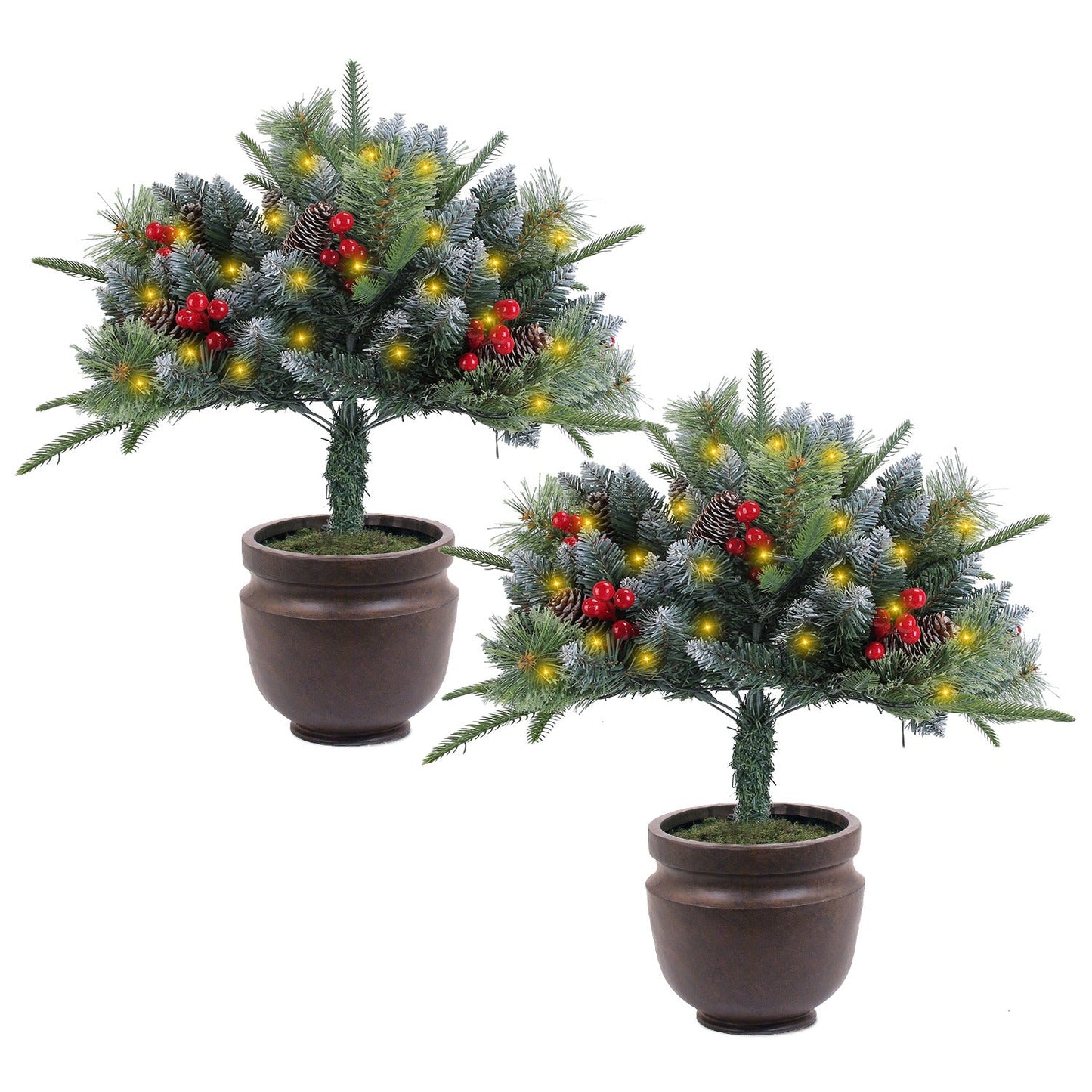2Pcs Lighted Christmas Tree Urn Filler with Pine Cones & Berries