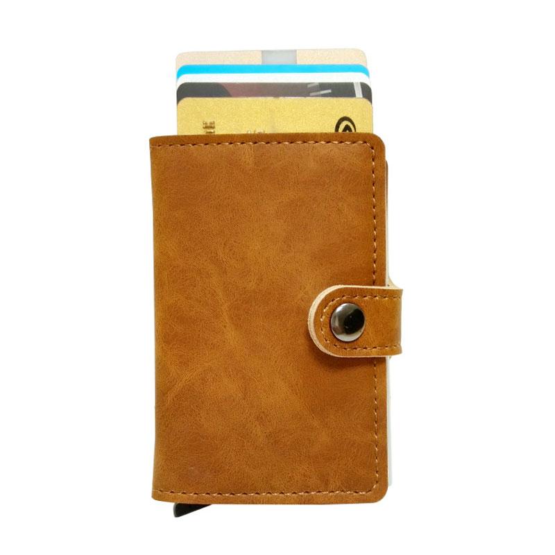 RFID Protected Vintage Automatic Leather Credit Card Holder Men Aluminum Alloy Hasp Business ID Multifunction Cardholder Wallet - Korvel