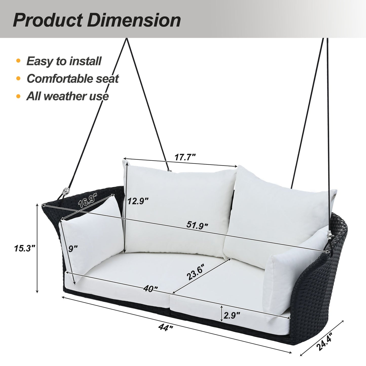 GO 51.9" 2-Person Hanging Seat, Rattan Woven Swing Chair, Porch Swing With Ropes, Black Wicker And White Cushion - Korvel