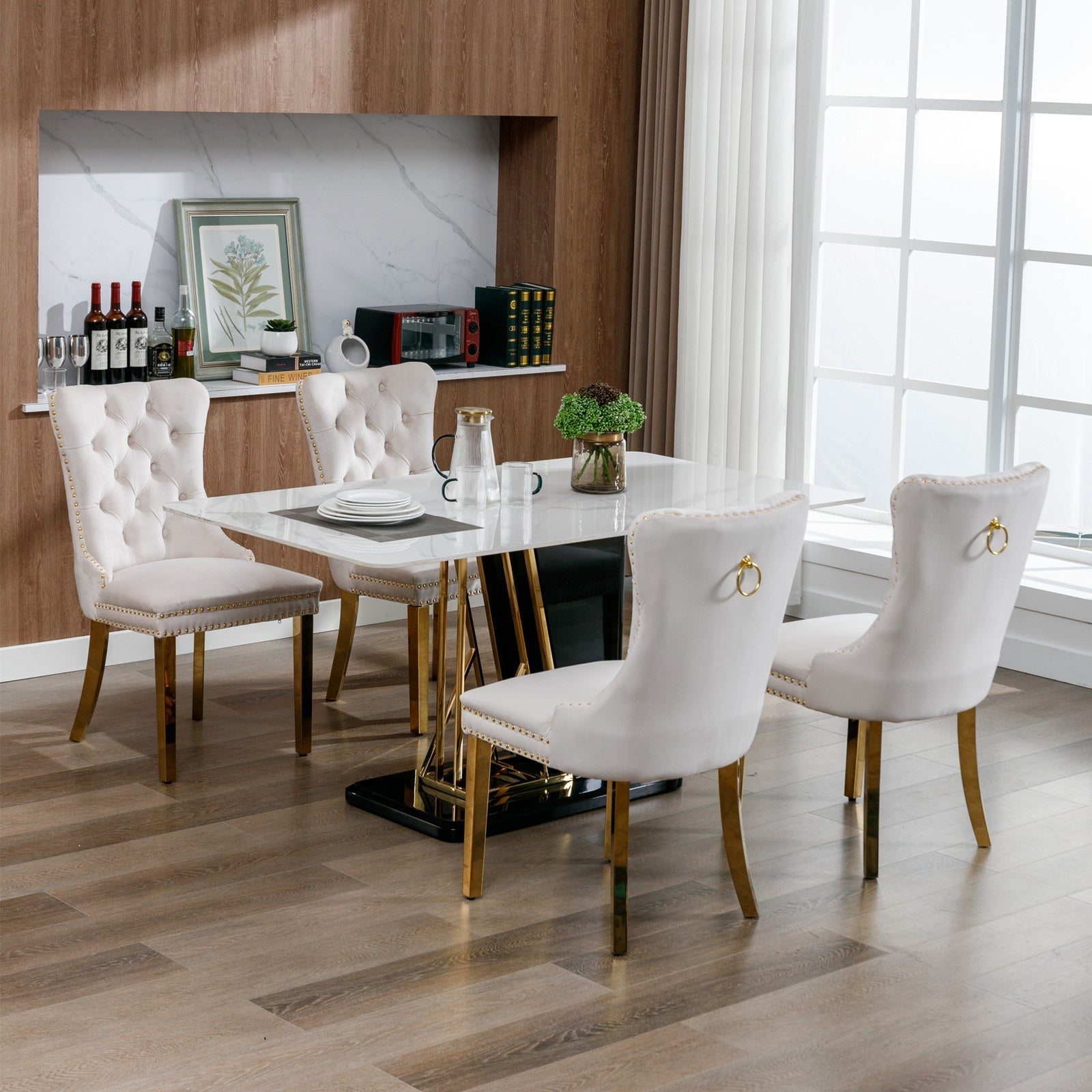 Tufted solid wood velvet soft cushion dining chair gold stainless steel plated leg nail head set of 2 pieces beige and gold - Korvel