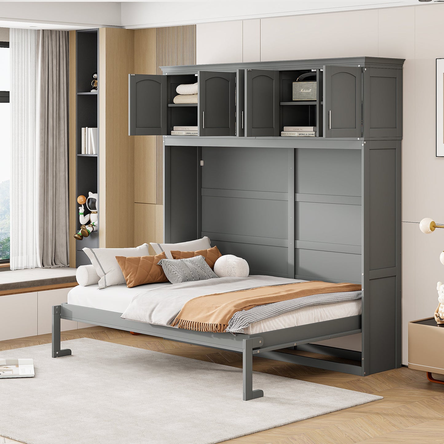 Full Size Murphy Bed Wall Bed with Top Cabinets,Gray - Korvel