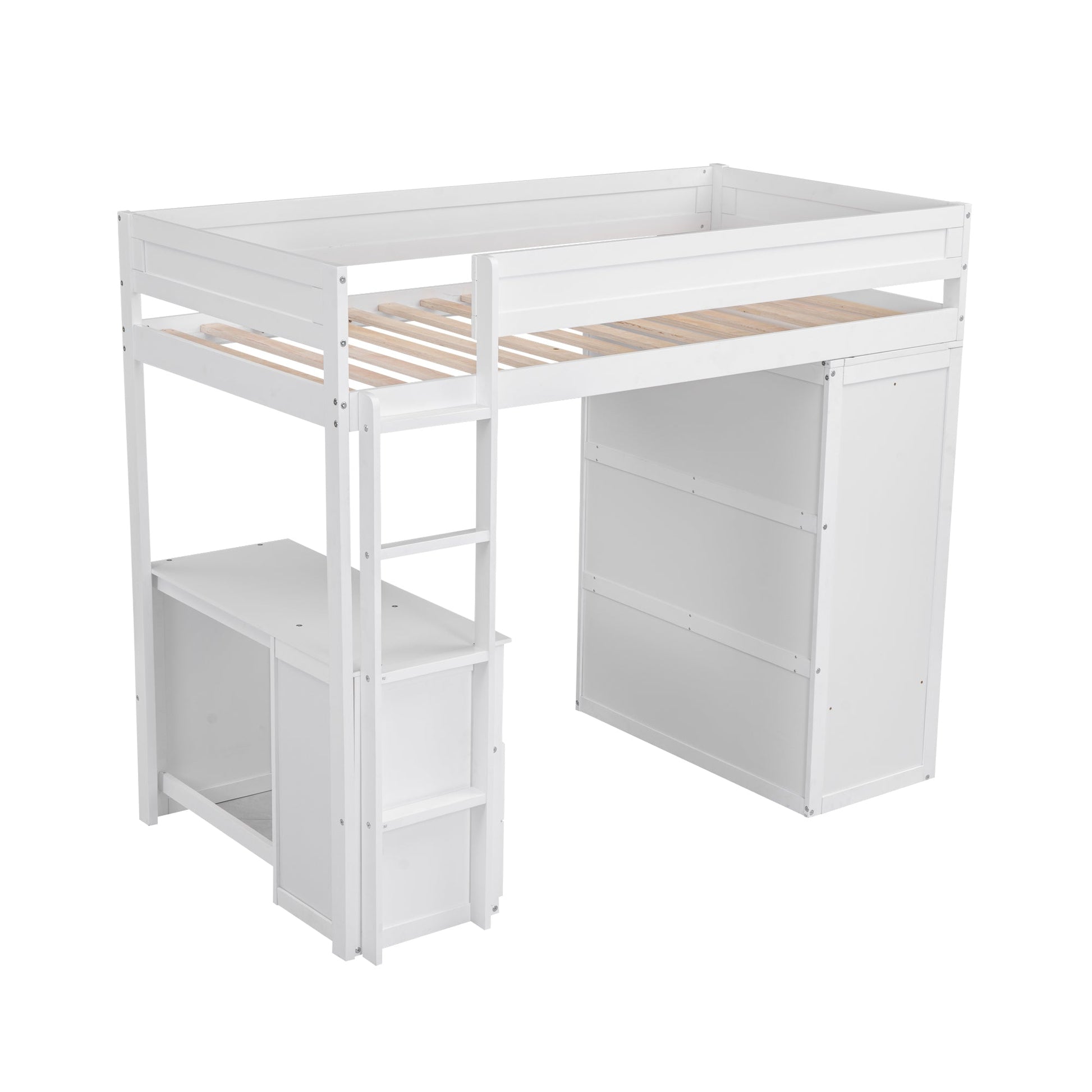 Wood Twin Size Loft Bed with Wardrobes and 2-Drawer Desk with Cabinet  White - Korvel