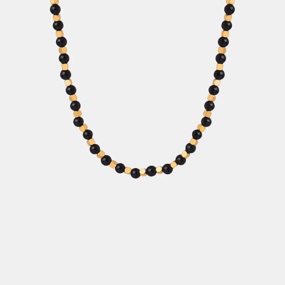 Collar de cuentas de ágata negra chapado en oro hecho a mano para mujeres