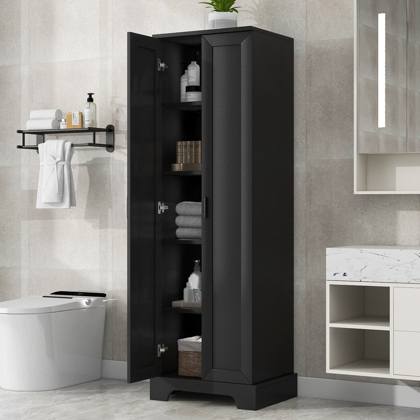 Storage Cabinet with Two Doors for Bathroom, Office, Adjustable Shelf, MDF Board, Black - Korvel