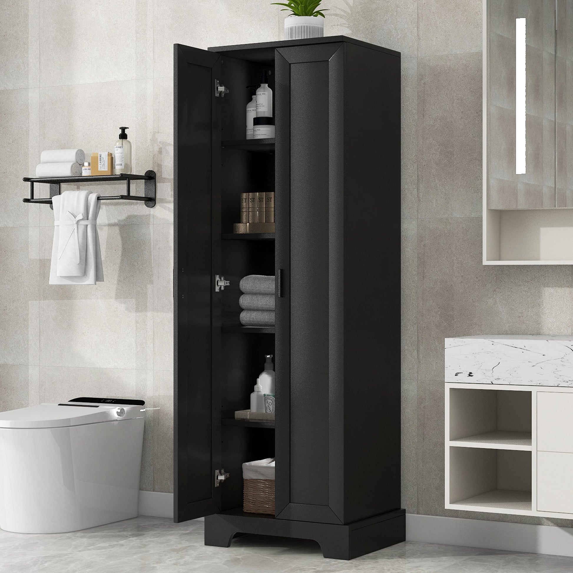 Storage Cabinet with Two Doors for Bathroom, Office, Adjustable Shelf, MDF Board, Black - Korvel