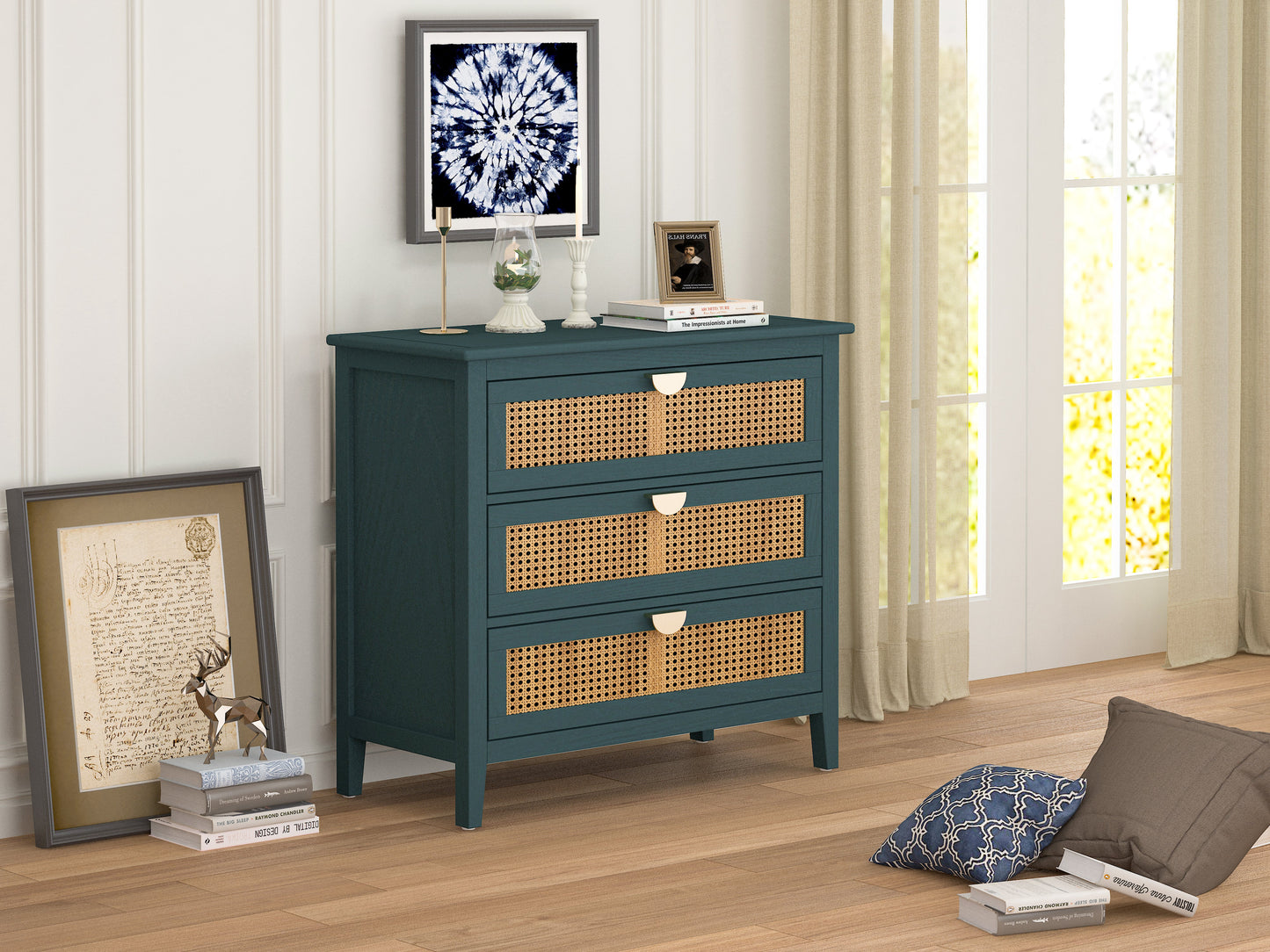 3 Drawer Cabinet Natural rattan American Furniture Suitable for bedroom living room study - Korvel