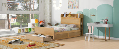 Full Size Platform Bed with Storage Headboard and a Big Drawer Wood Color - Korvel