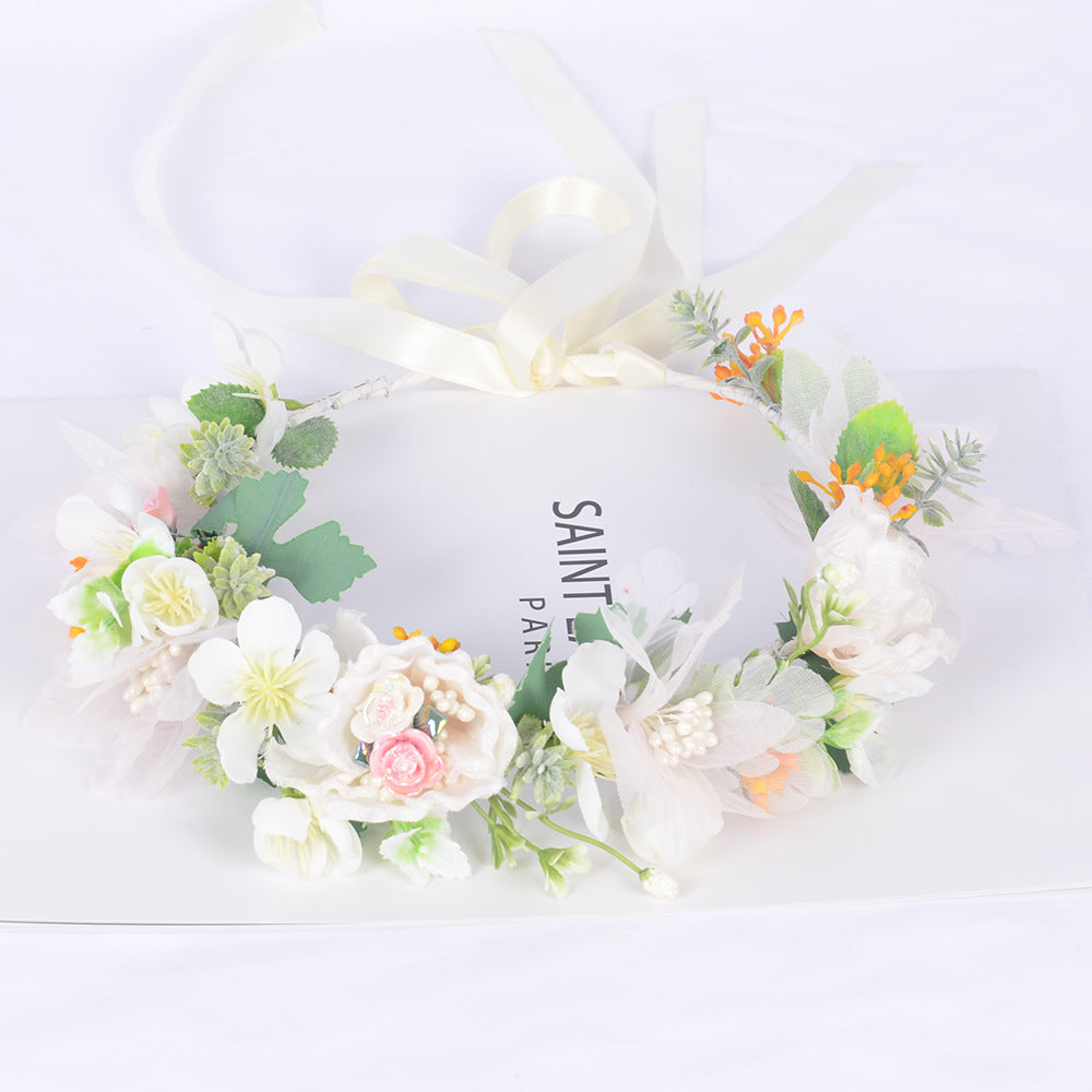Korean style super fairy bride headdress simulation flower green leaf hair accessory sweet girl Hanfu wedding headdress wreath - Korvel