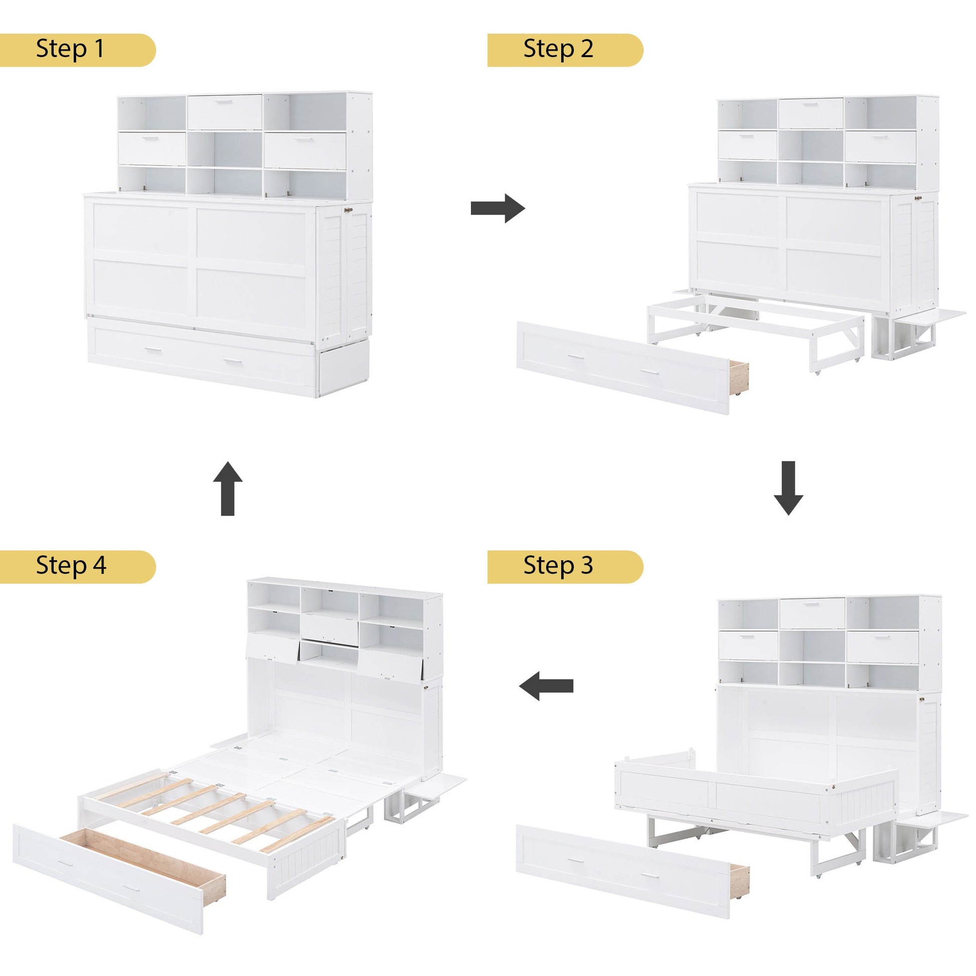 ueen Size Murphy Bed with Bookcase, Bedside Shelves and a Big Drawer, White - Korvel