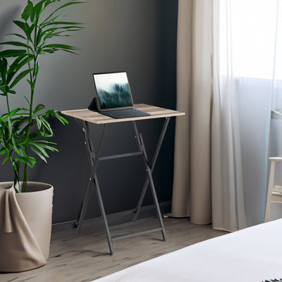 2-piece folding TV tray table without assembly, portable sofa side table, brown and black - Korvel