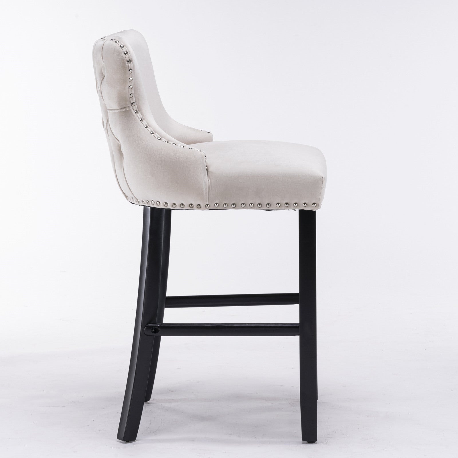 Velvet padded wing back bar stool with button tuft decoration and wooden leg chrome nail head decoration 2-piece set (beige) - Korvel