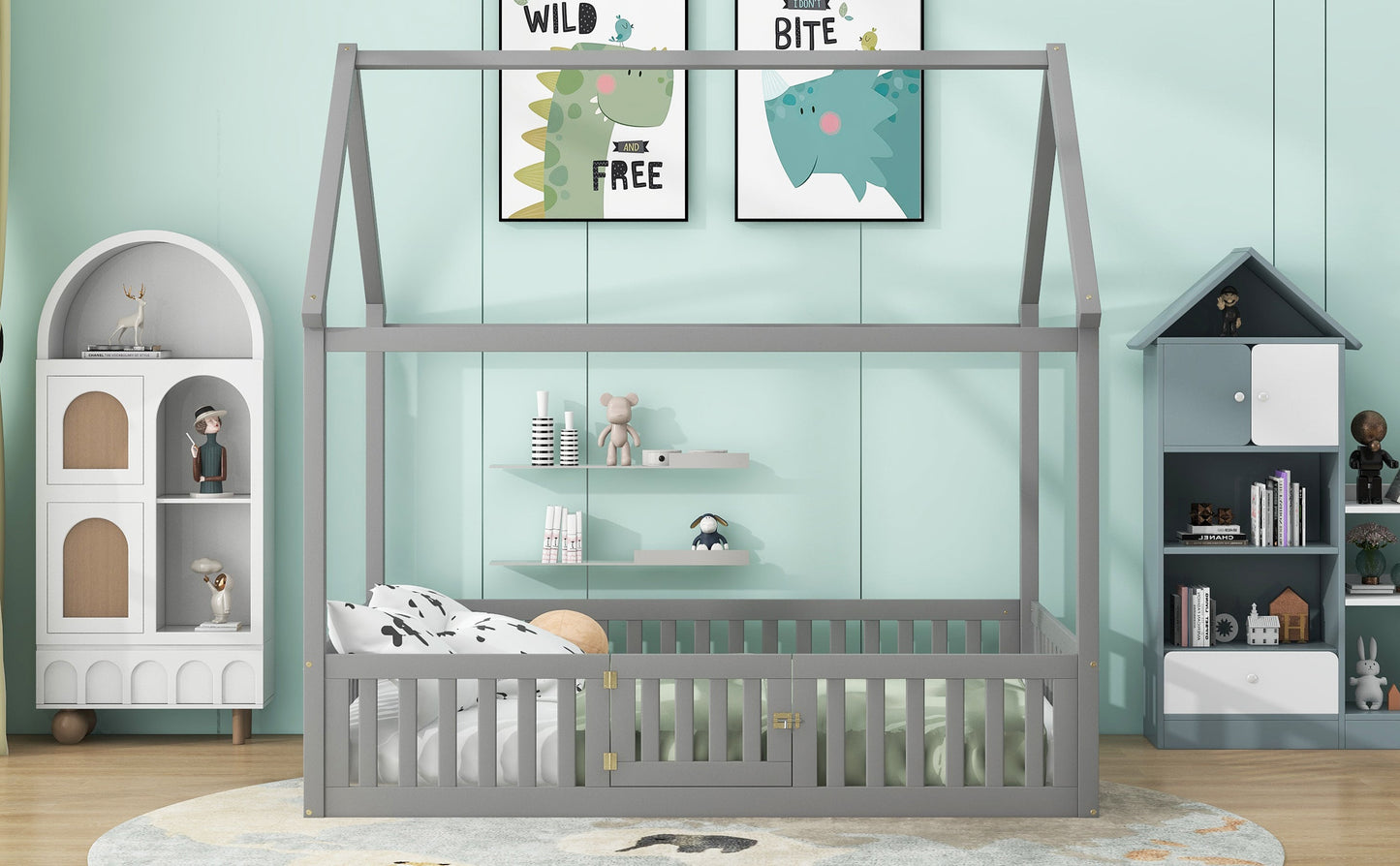 Full Size Wood House Bed with Fence and Door, Gray - Korvel