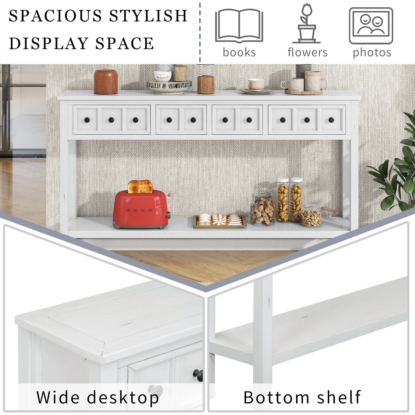 TREXM Rustic Entryway Console Table - 60" Long with Storage