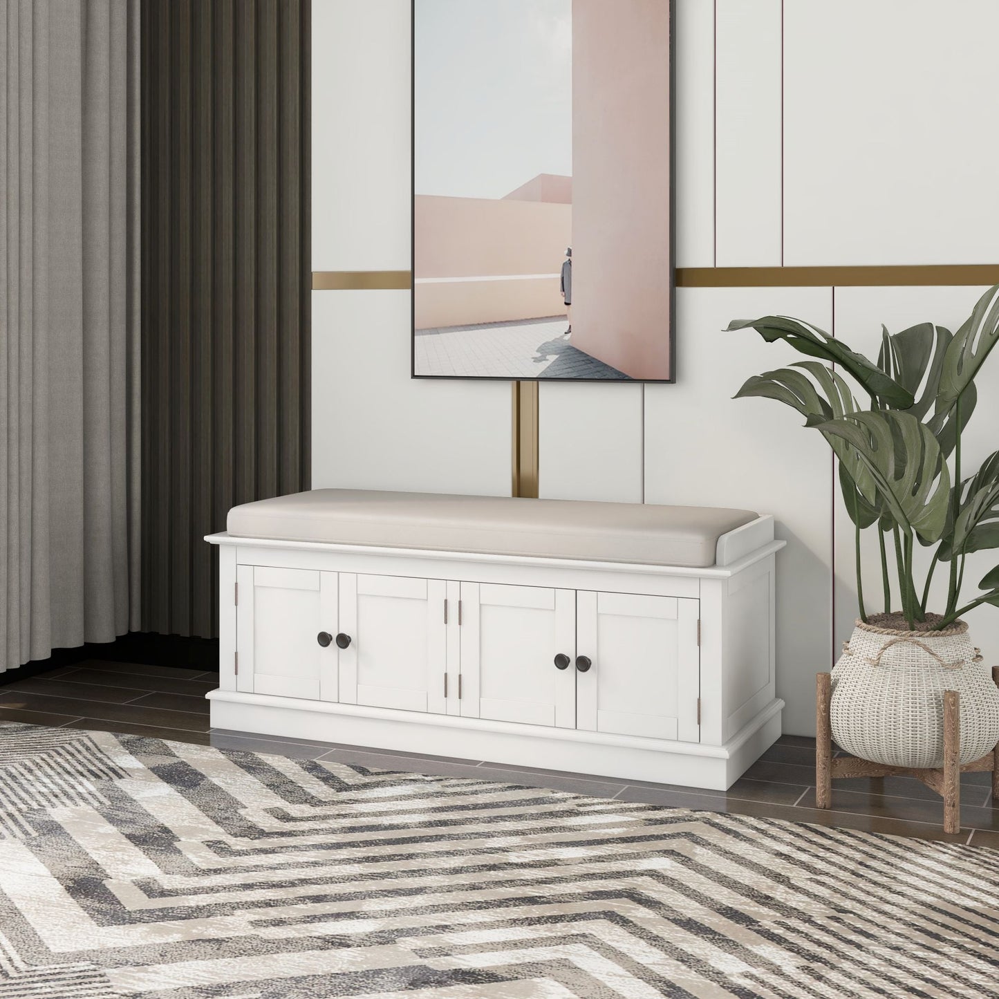 TREXM Storage Bench with Adjustable Doors and Padded Shoe Stand