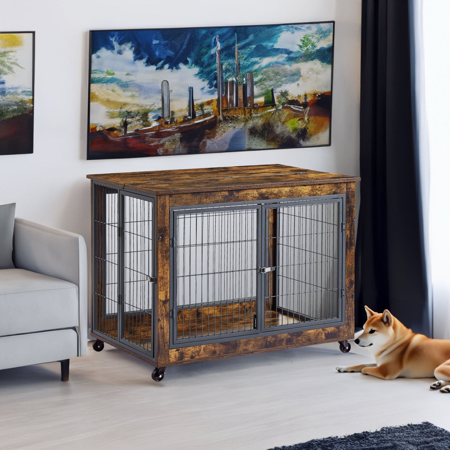 Jaula para Perros de Madera Marrón Rústica con Puertas Dobles