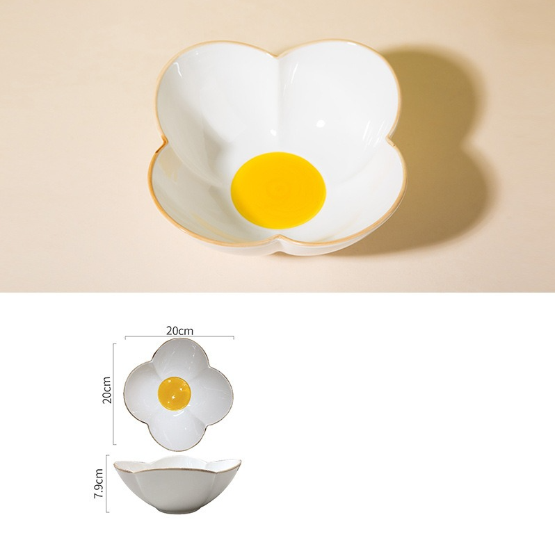 Creative Sun Egg Ceramic Bowl and Dish Set Cute Rice Bowl, Plate, Handle, Plate, Tableware, Home Breakfast Soup Plate - Korvel