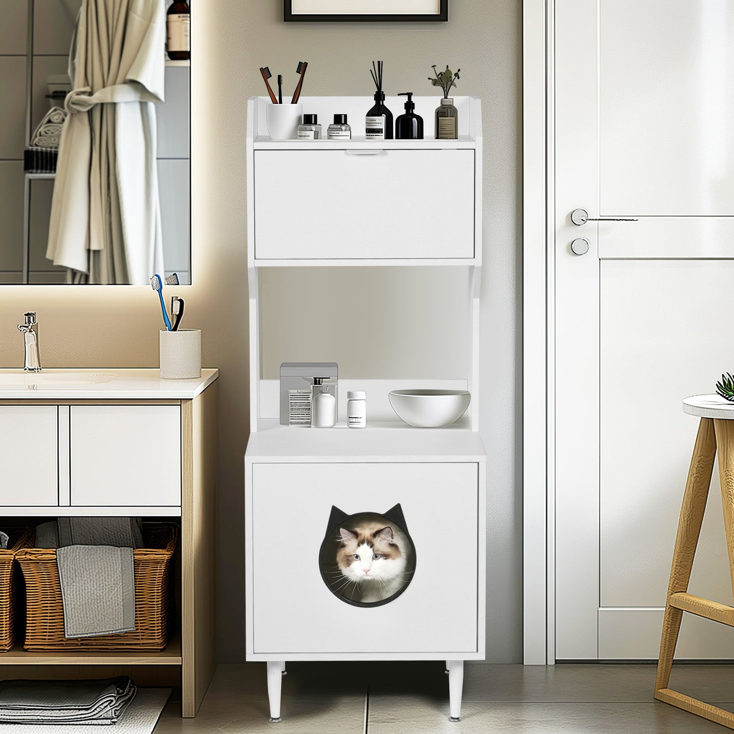 White wooden hidden cat trash can with rack and trash can shell, indoor cat house pet box, storage cabinet - Korvel