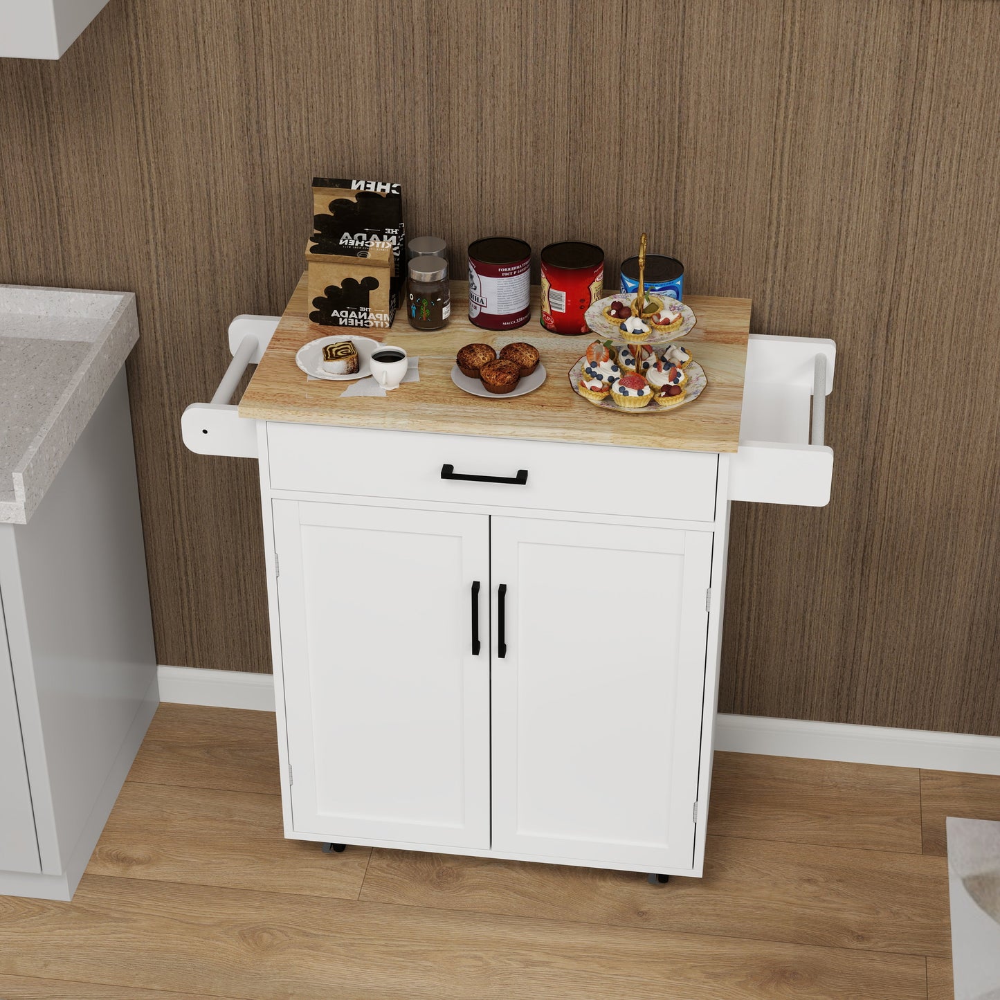 Kitchen island rolling trolley cart with 1 drawer & 2 doors with storage racks & Adjustable Shelves & towel rack - Korvel