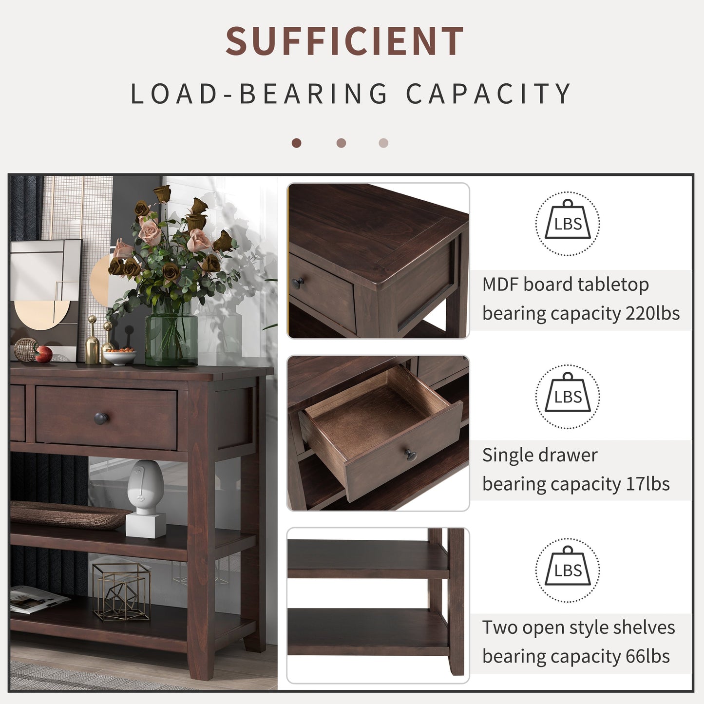 Retro Design Console Table with Two Open Shelves, Pine Solid Wood Frame and Legs for Living Room (Espresso) - Korvel
