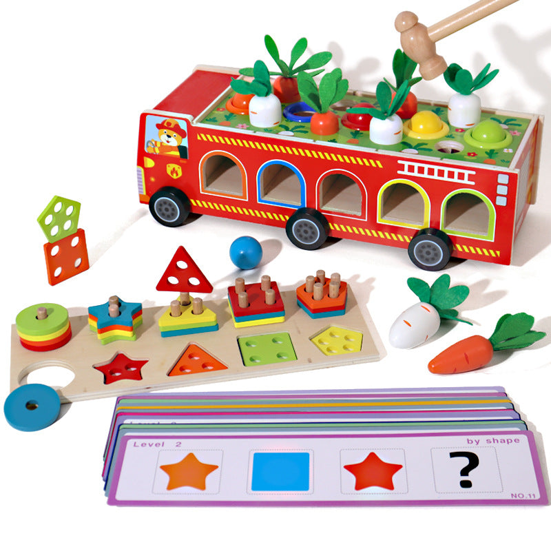 Children's early education puzzle multifunctional four in one knock ball, pull radish, cover column, fire truck, Montessori toy - Korvel