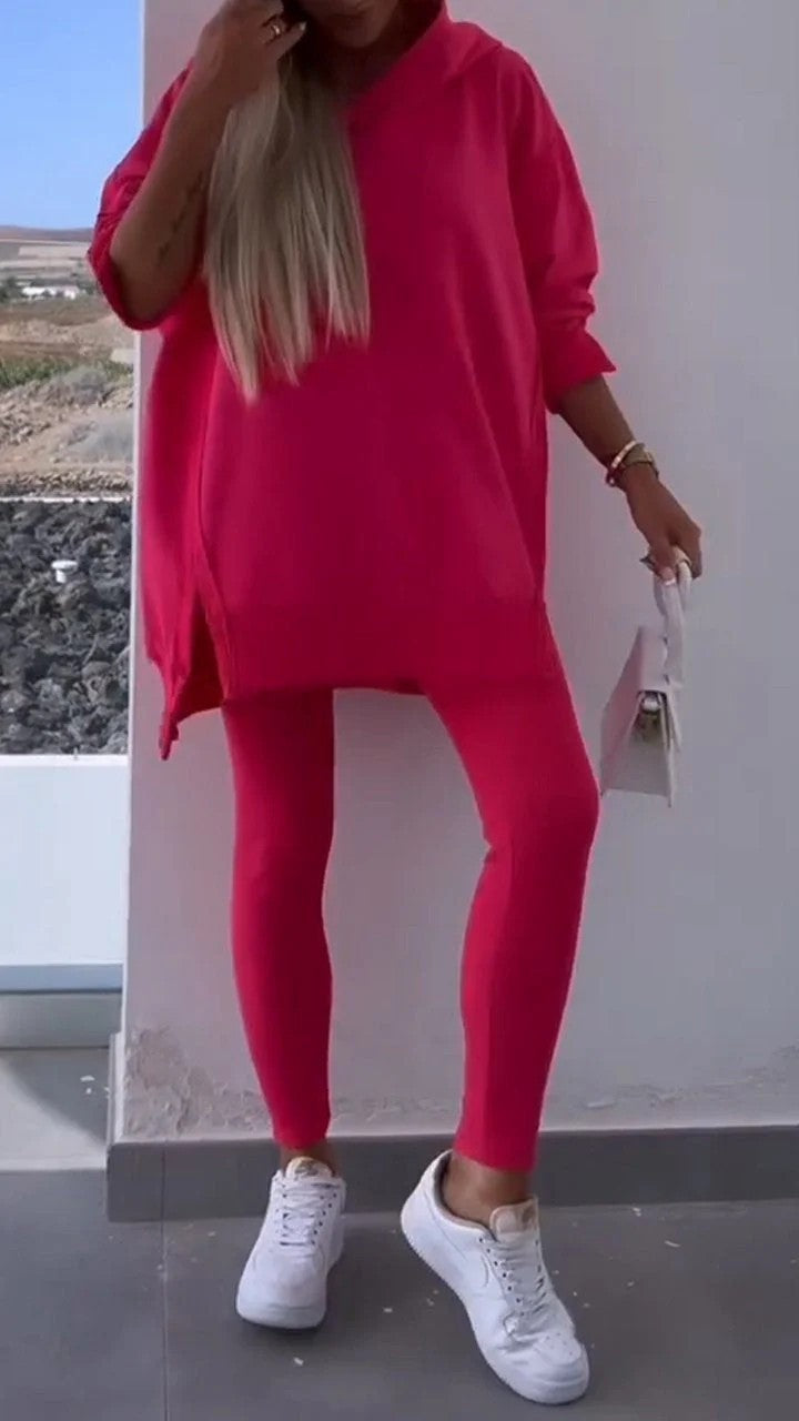 Women's Sports Casual Slit Hooded Sweatshirt Tights Set