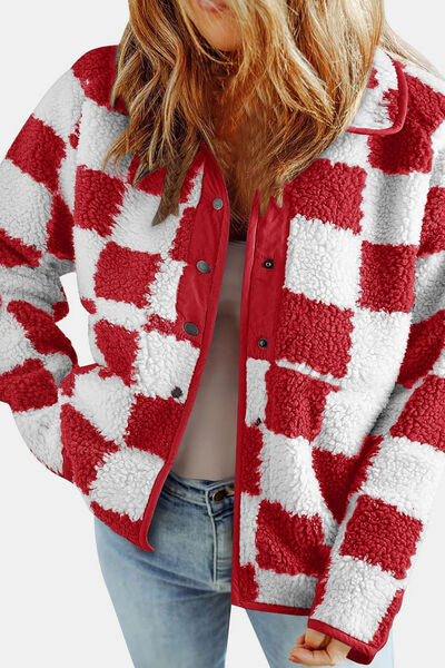 Chaqueta de Teddy de Manga Larga con Botones y Diseño a Cuadros Elegante