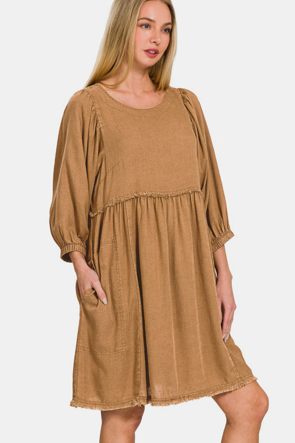 Robe Babydoll en Lin Lavé à Manches Bouffantes Plissées