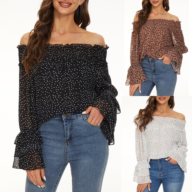 Blouse en Chiffon Élégante à Manches Longues et Épaules Dégagées avec Pois