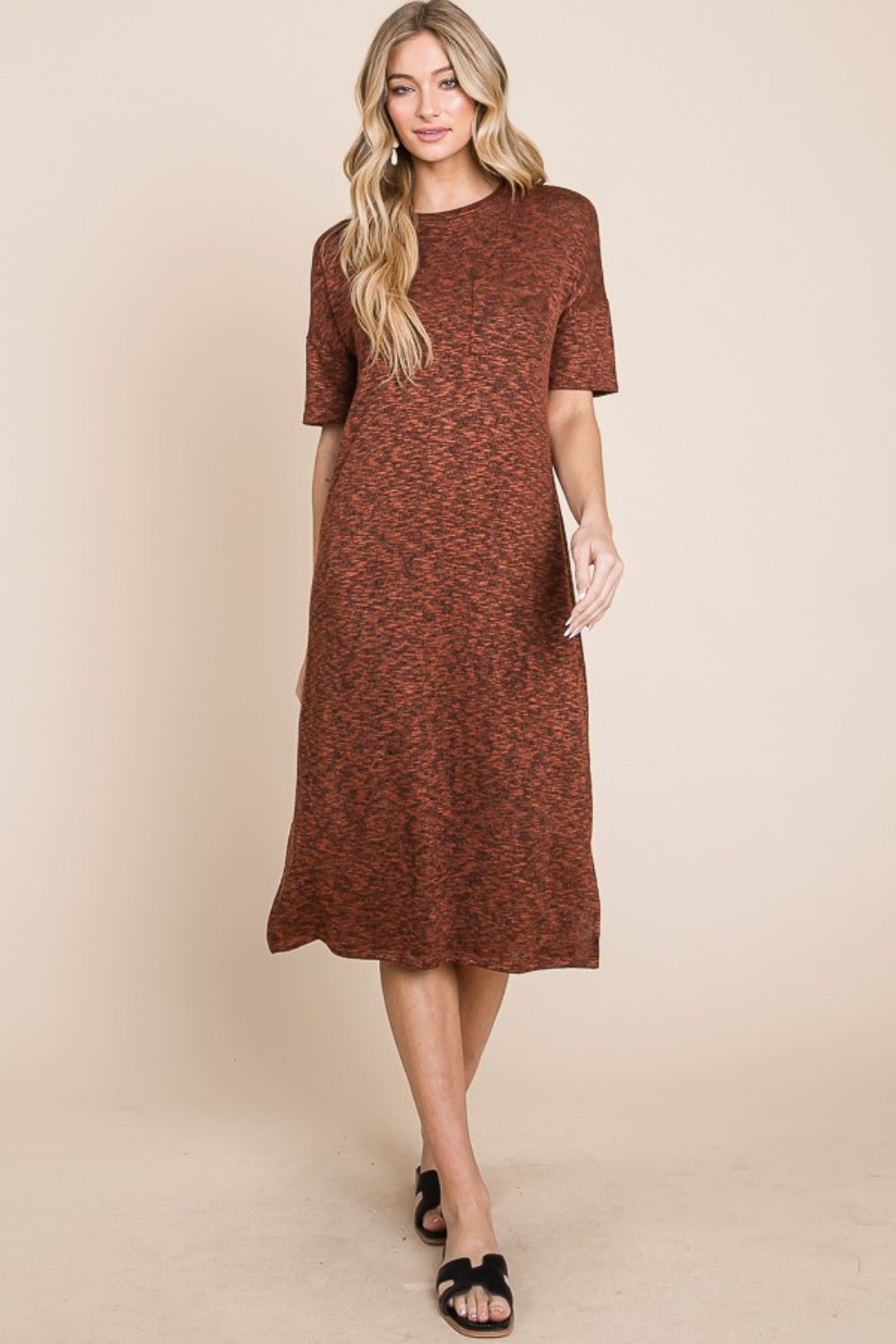 Chic Round Neck Side Slit Midi Dress for Women