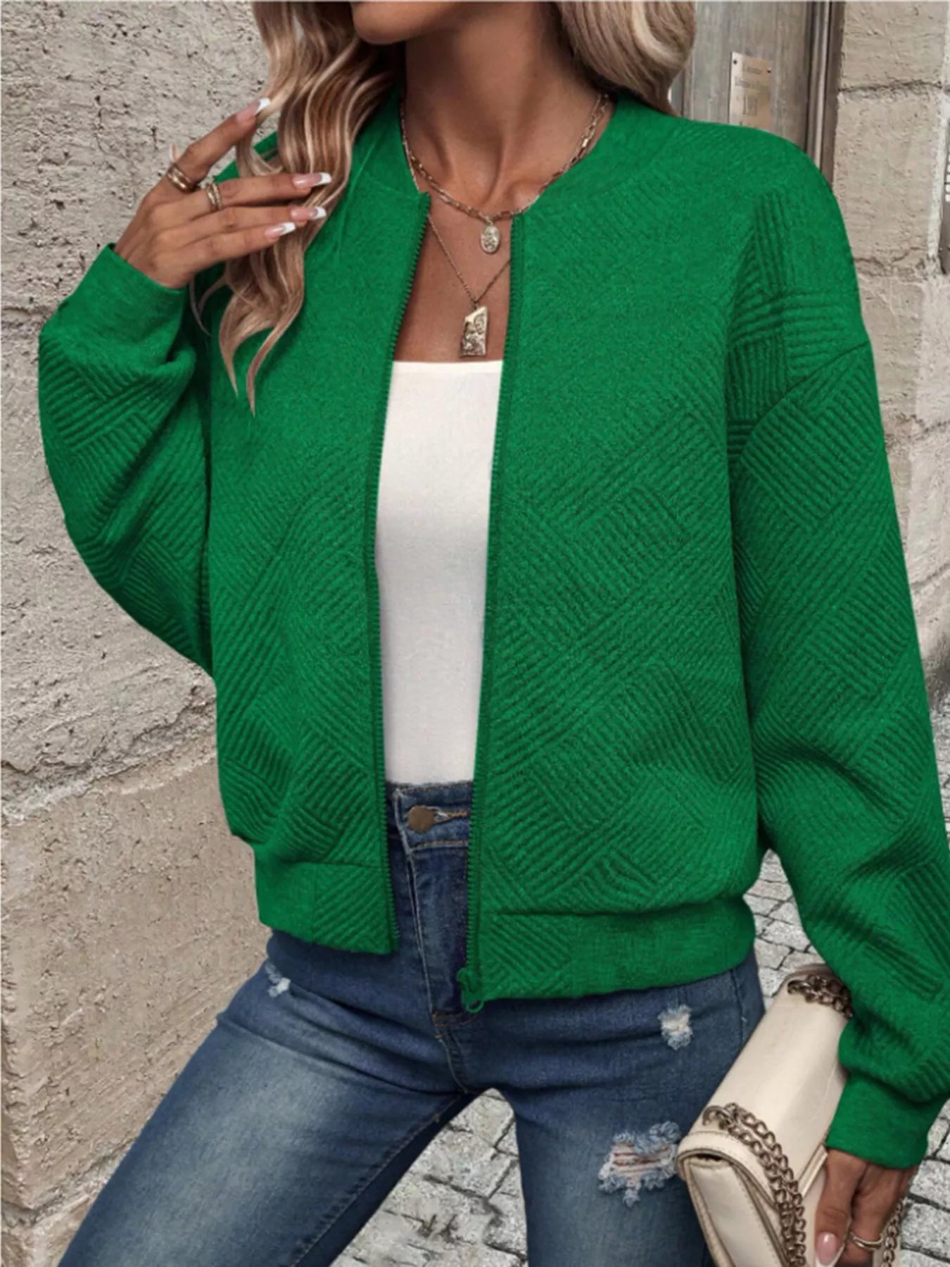 Veste Bomber à Fermeture Éclair Texturée