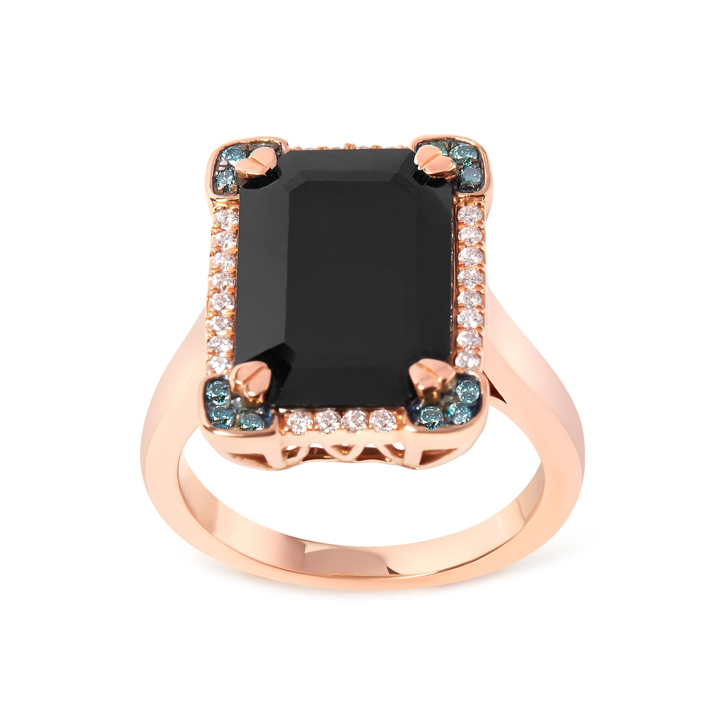 Anillo de cóctel de ónice negro y diamantes con halo en oro rosa de 14K - Talla 7
