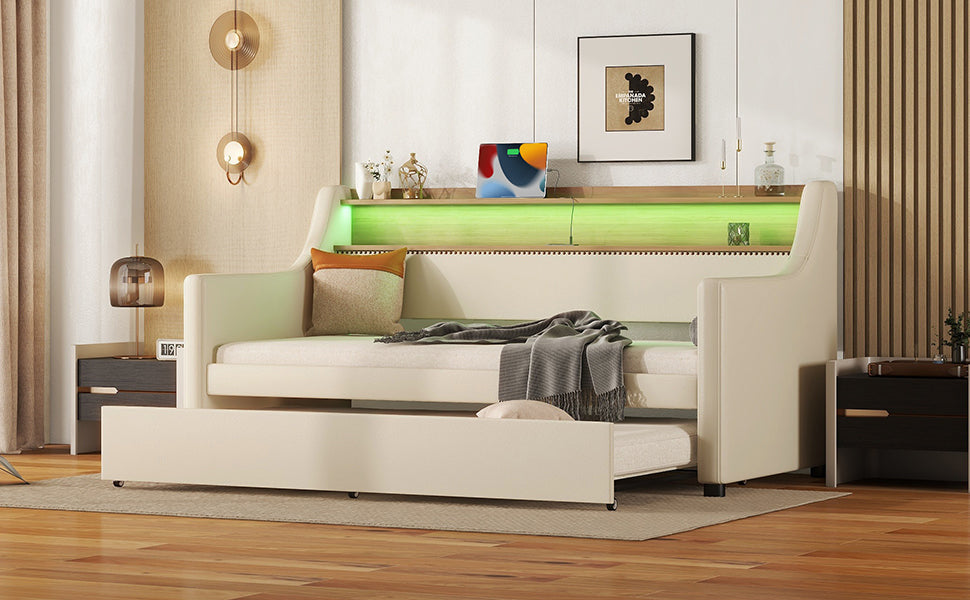 Twin Size Daybed with Trundle, Upholstered Daybed with Charging Station and LED Lights, Beige - Korvel