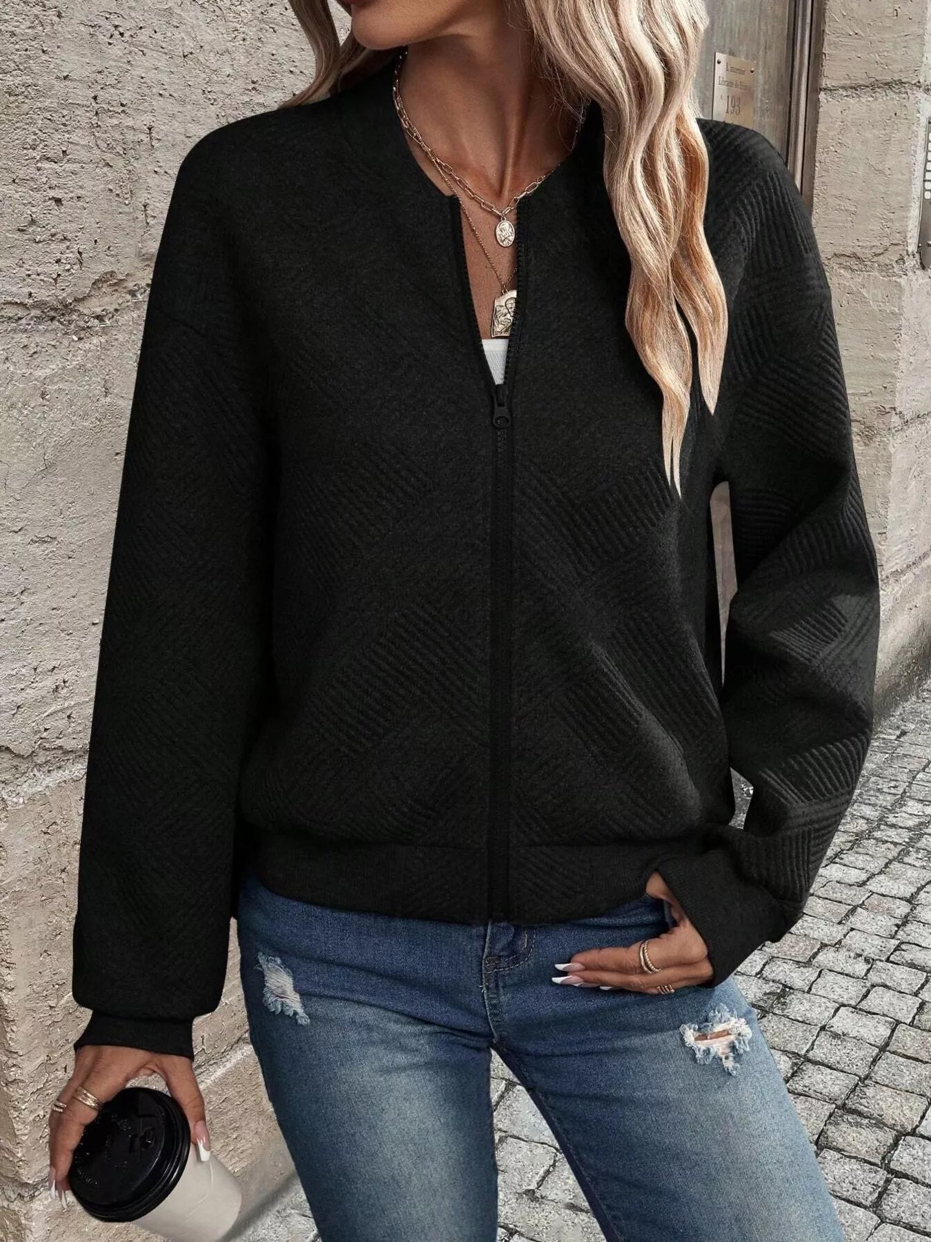 Veste Bomber à Fermeture Éclair Texturée