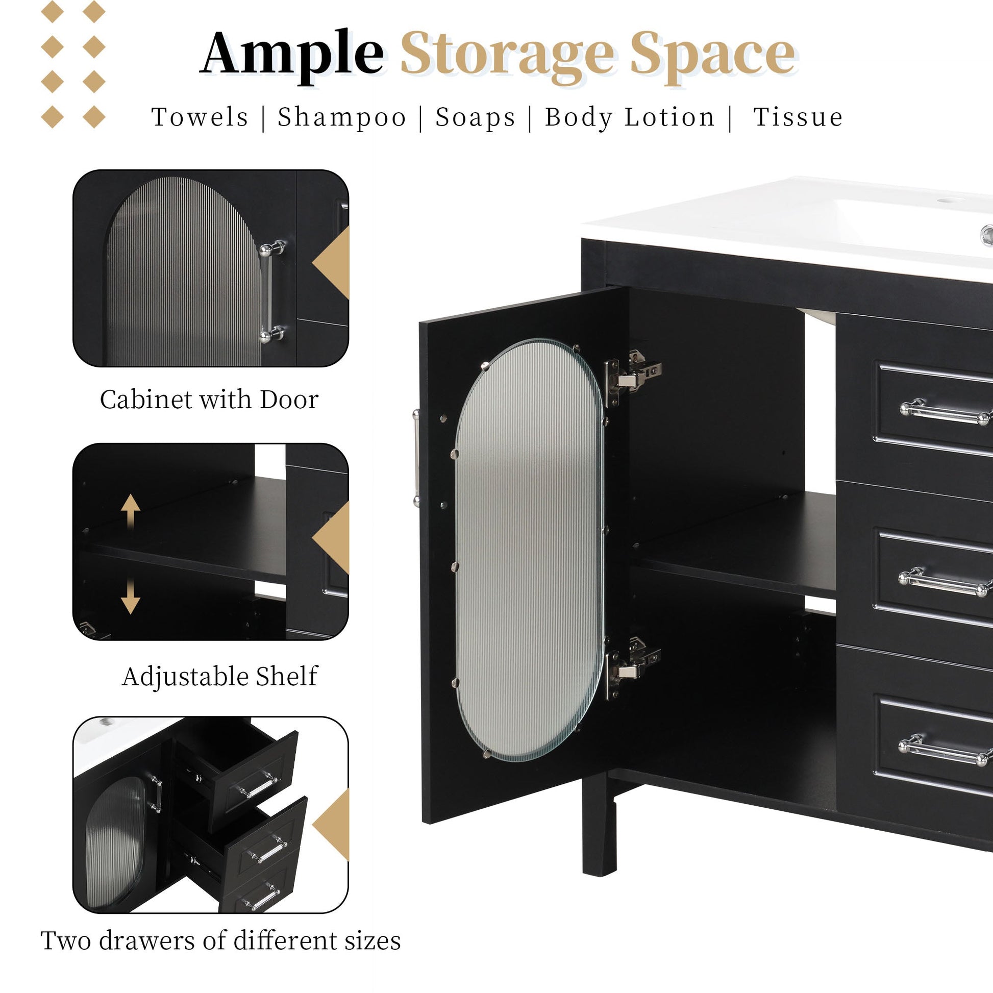 30" Bathroom Vanity with Sink, Bathroom Vanity Cabinet with Two Drawers and Door, Adjustable Shelf, Solid Wood and MDF, Black - Korvel