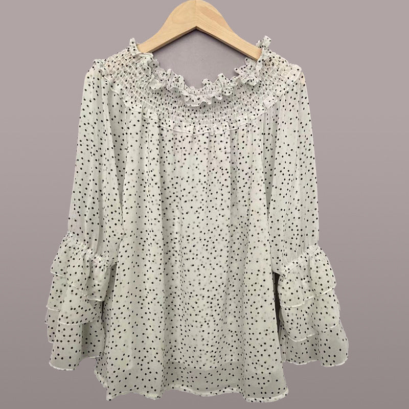 Blouse en Chiffon Élégante à Manches Longues et Épaules Dégagées avec Pois