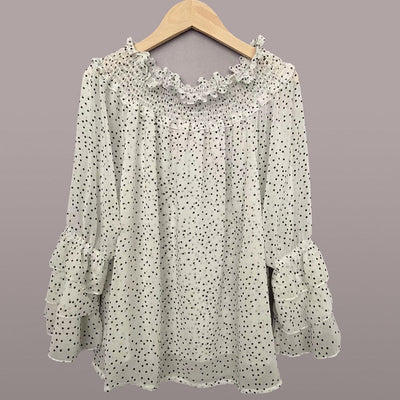 Blouse en Chiffon Élégante à Manches Longues et Épaules Dégagées avec Pois