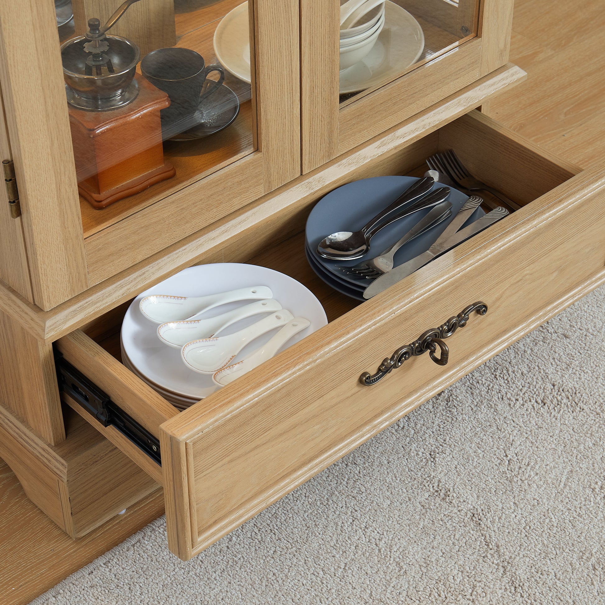 Light colored glass cabinet with adjustable glass frame, including cabinet light bulbs OAK with 2 doors and 1 drawer - Korvel