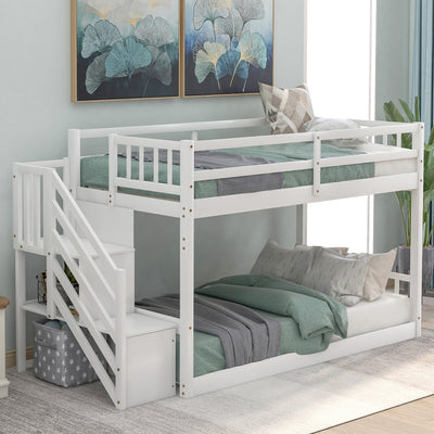 Twin over Twin Floor Bunk Bed with Storage - White