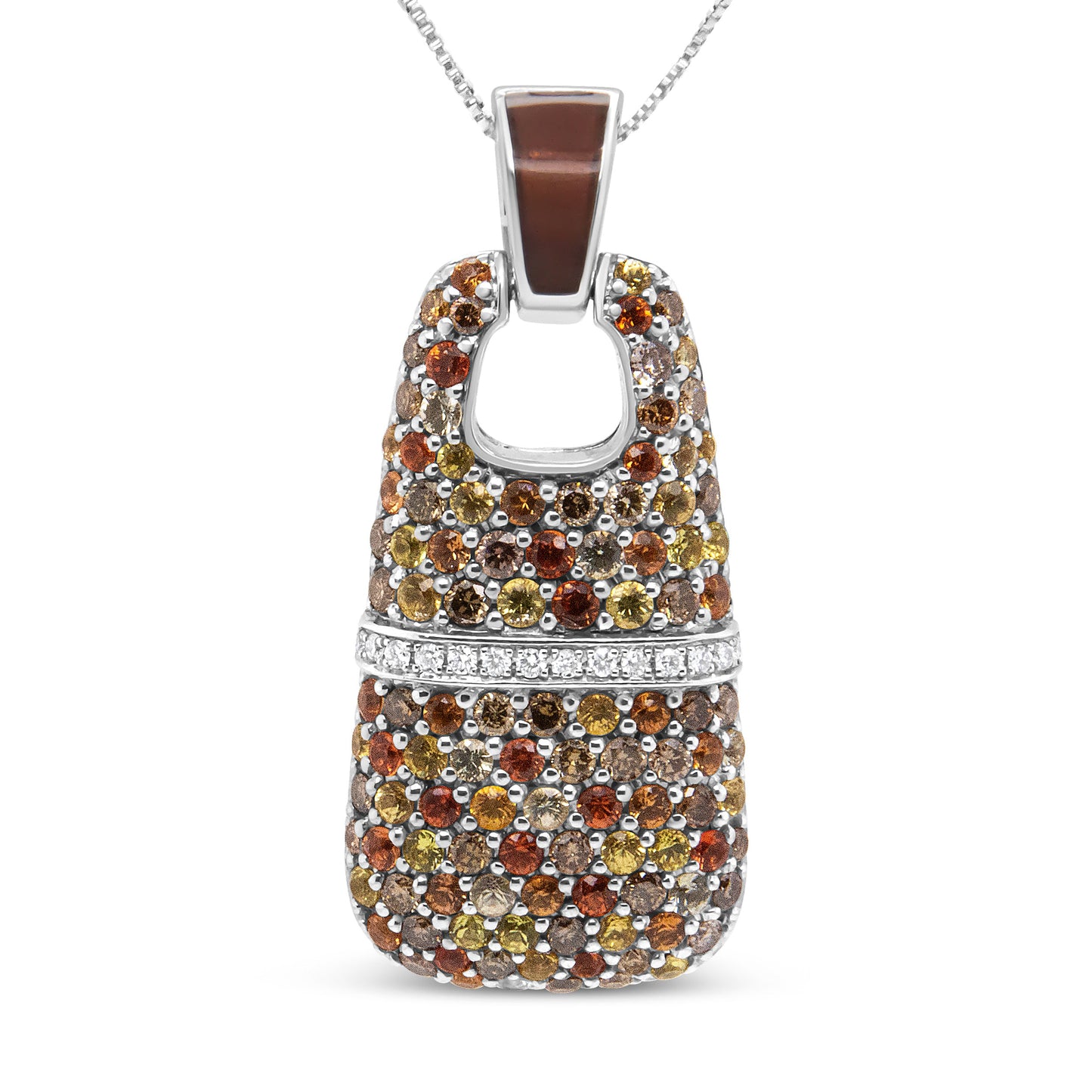 .925 Sterling Silver Brown Enamel Diamond & Sapphire Pendant Necklace