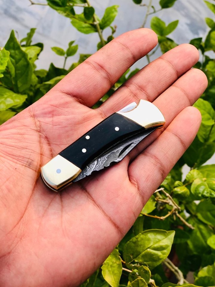 Artisan Crafted Damascus Steel Mini Folding Pocket Knife with Buffalo Horn Grip & Leather Sheath - Korvel