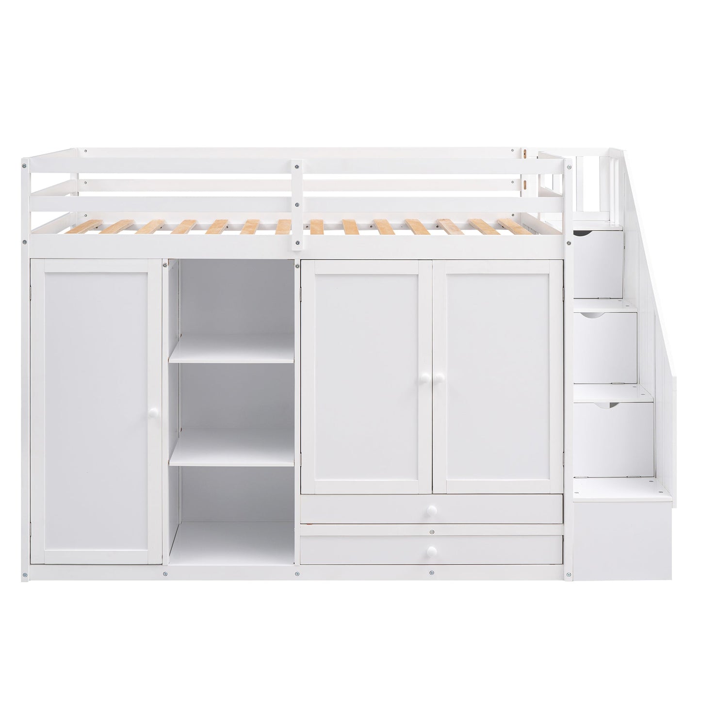 Functional Loft Bed with Storage and Shelves in White