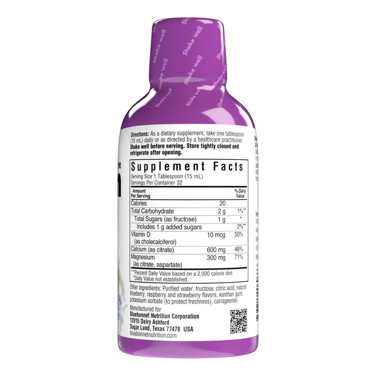 Calcium Magnésium Citrate Liquide Bluebonnet Plus Vitamine D3, Baies Mélangées, 16 oz