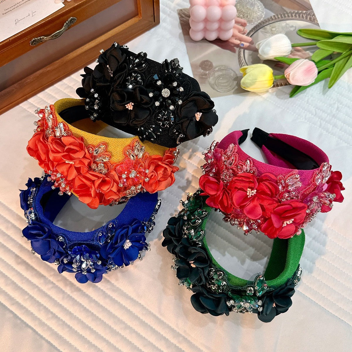 Solid color fabric flower oversized wide edged crystal headband - Korvel