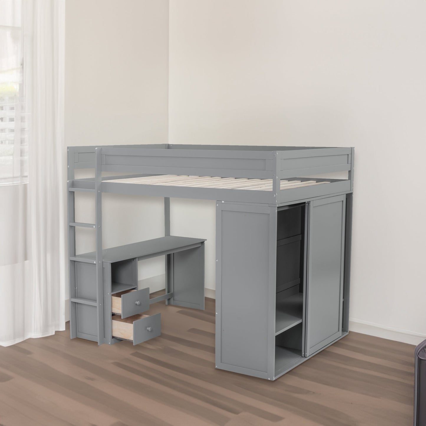 Wood Full Size Loft Bed with Wardrobes and 2-Drawer Desk with Cabinet  Gray - Korvel