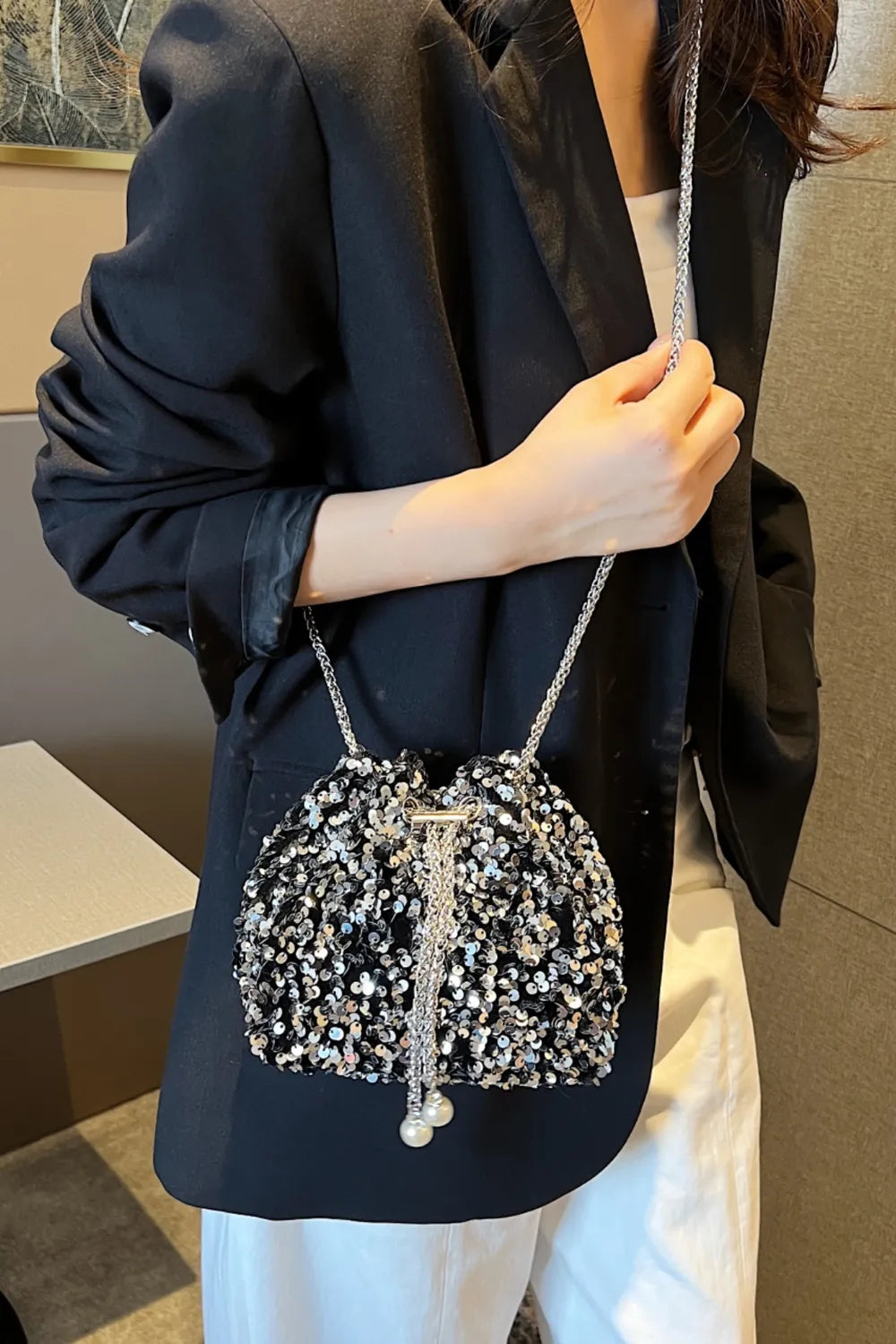 Sequin Chain Drawstring Bucket Bag - Korvel